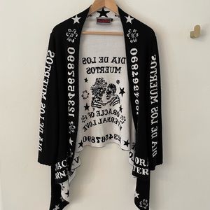 Jawbreaker open front dia de los muertos ouija cardigan, jacquard black & cream
